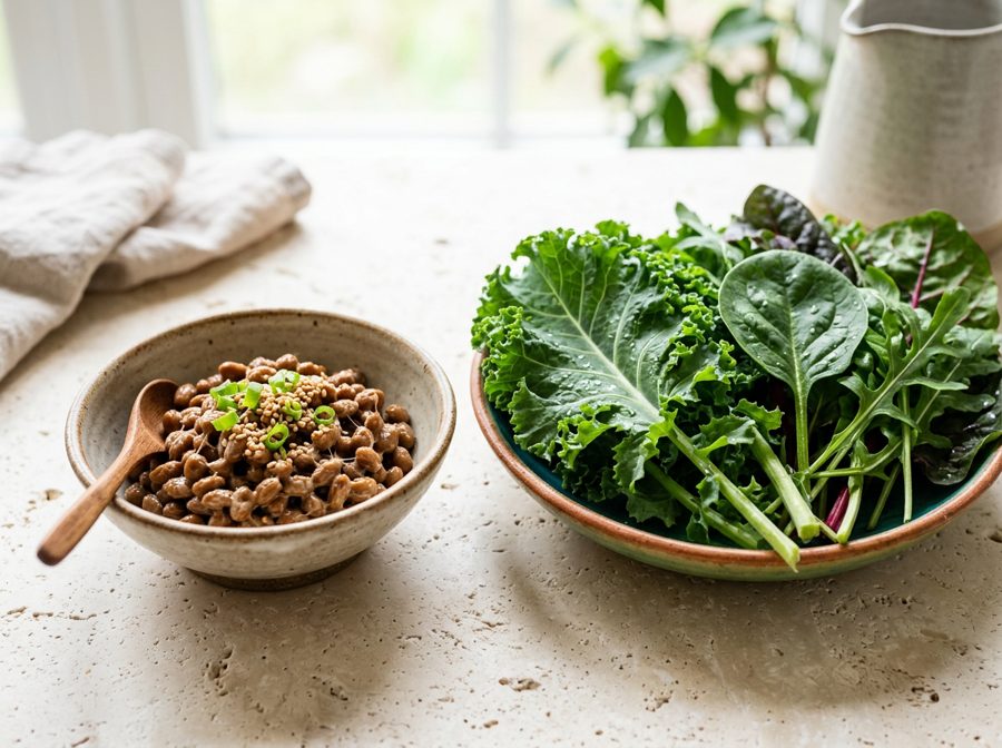 Natto and leafy greens, natural sources of vitamin K2